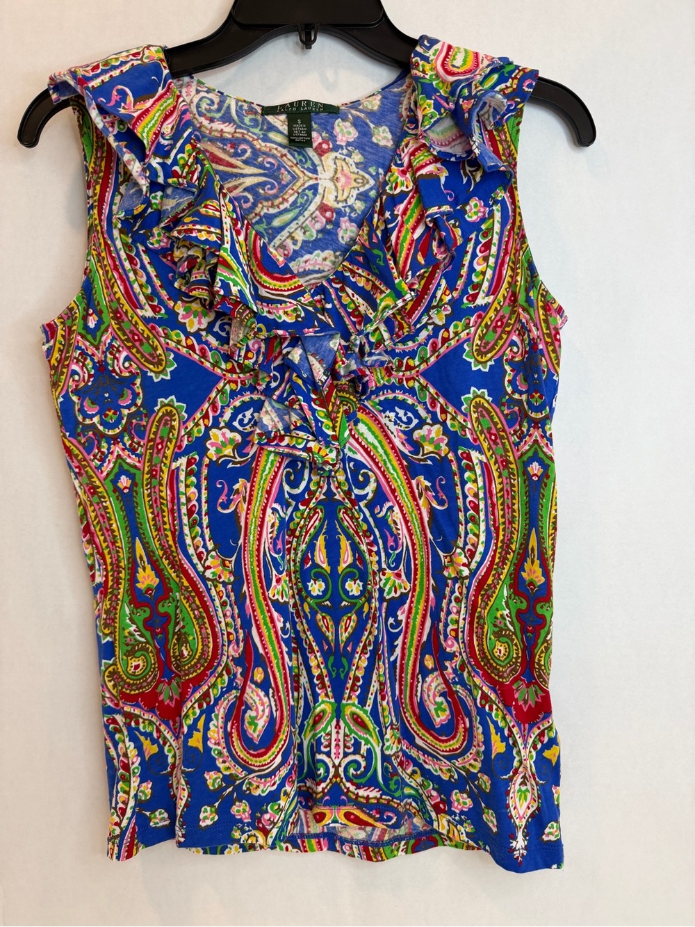 Lauren Ralph Lauren Paisley Ruffle Sleeveless Top Size Small Blue Multicolor